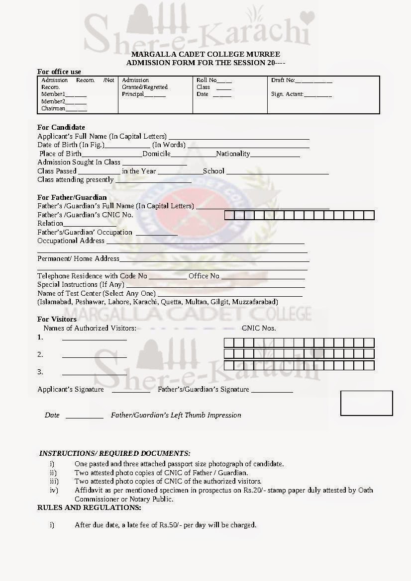 Margalla Cadet College Murree Download Admissions Form 2014