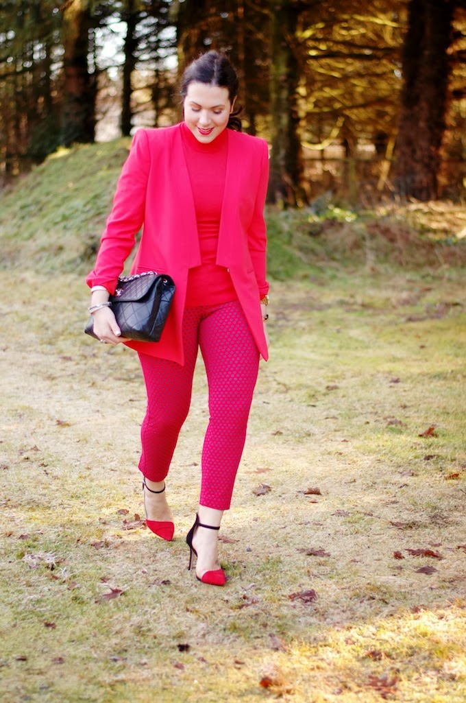 Red BCBG Andres Cutaway blazer and Old Navy Diva pants
