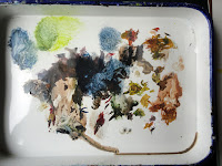 white porcelain butcher tray used as painting palette