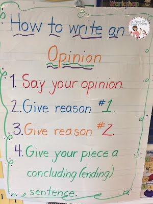How to write an opinion piece for first & second graders. This sentene starter anchor chart is a perfet way to get your young writers going during writer's workshop as they learn the words associated with writing about their opinions. {K, 1st, 2md grade, homeschool.}