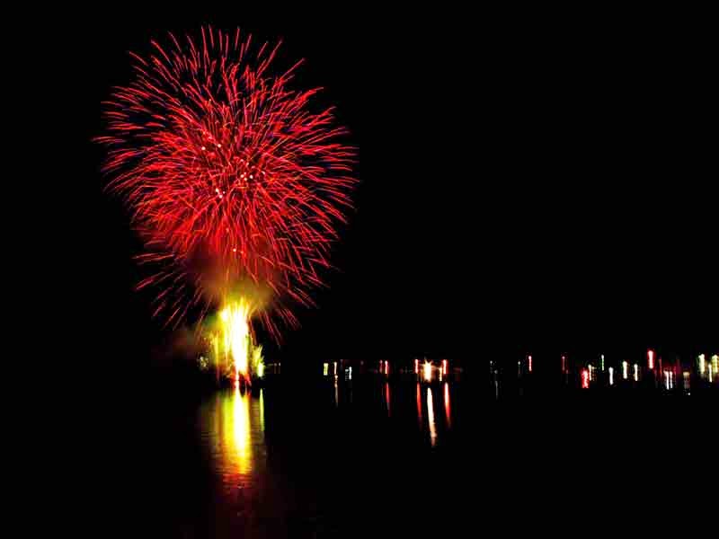 red,fireworks,reflection,ocean