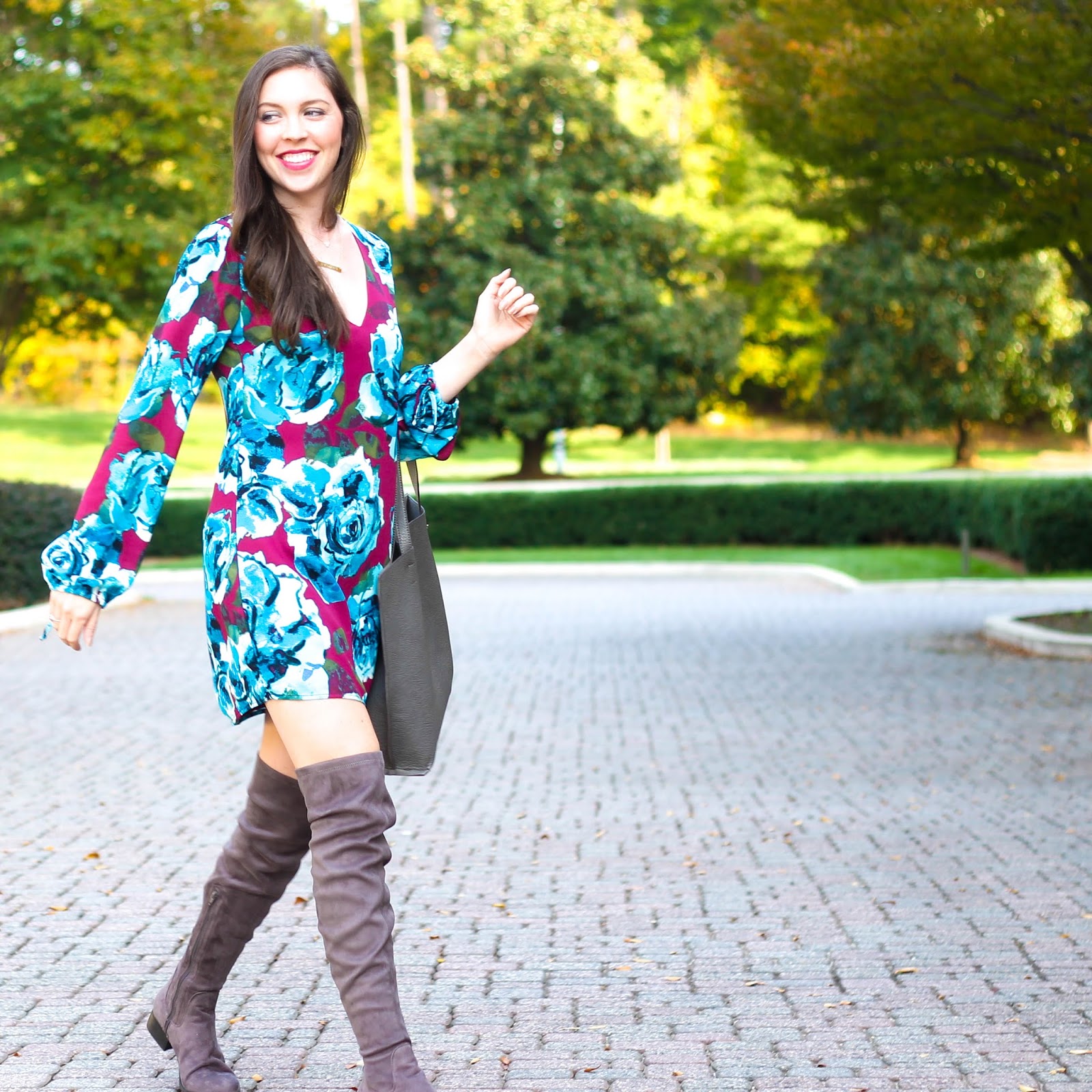 Leith V-neck floral long sleeved dress, floral dress, floral fall dress, fall outfit, fall inspiration, fall trends, over the knee boots, otk suede boots, over the knee faux suede, best fall boots, v-neck long sleeve dress, nc fashion blogger, nordstrom, forever 21 boots
