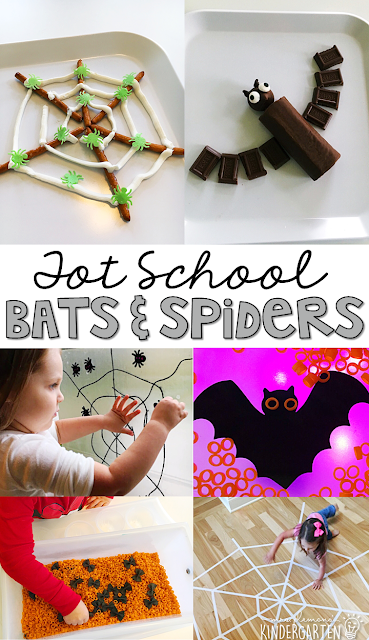 Tons of bat and spider themed activities and ideas. Weekly plan includes books, fine motor, gross motor, sensory bins, snacks and more! Perfect for fall in tot school, preschool, or kindergarten.