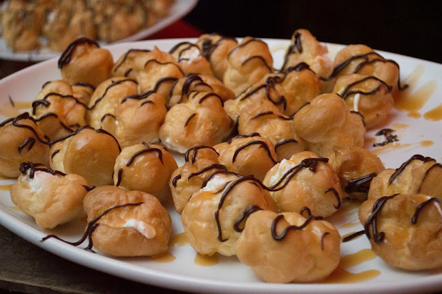 Chocolate ganache and sea salted caramel profiteroles with whipped Vermont mascarpone