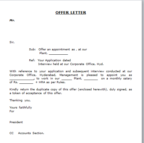 Job Offer Letter Format Free Download