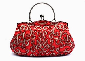 Ladies Beads Satin Kiss and Snap Closure Shoulder Chain Frame Minaudiere Clutch Handbag-Red