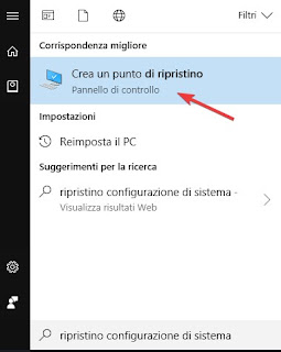 Crea punto di ripristino Ripristino Windows 10