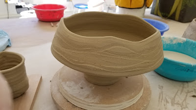 Ceramic footed mountain bowl in progress, handmade pottery by Lily L.
