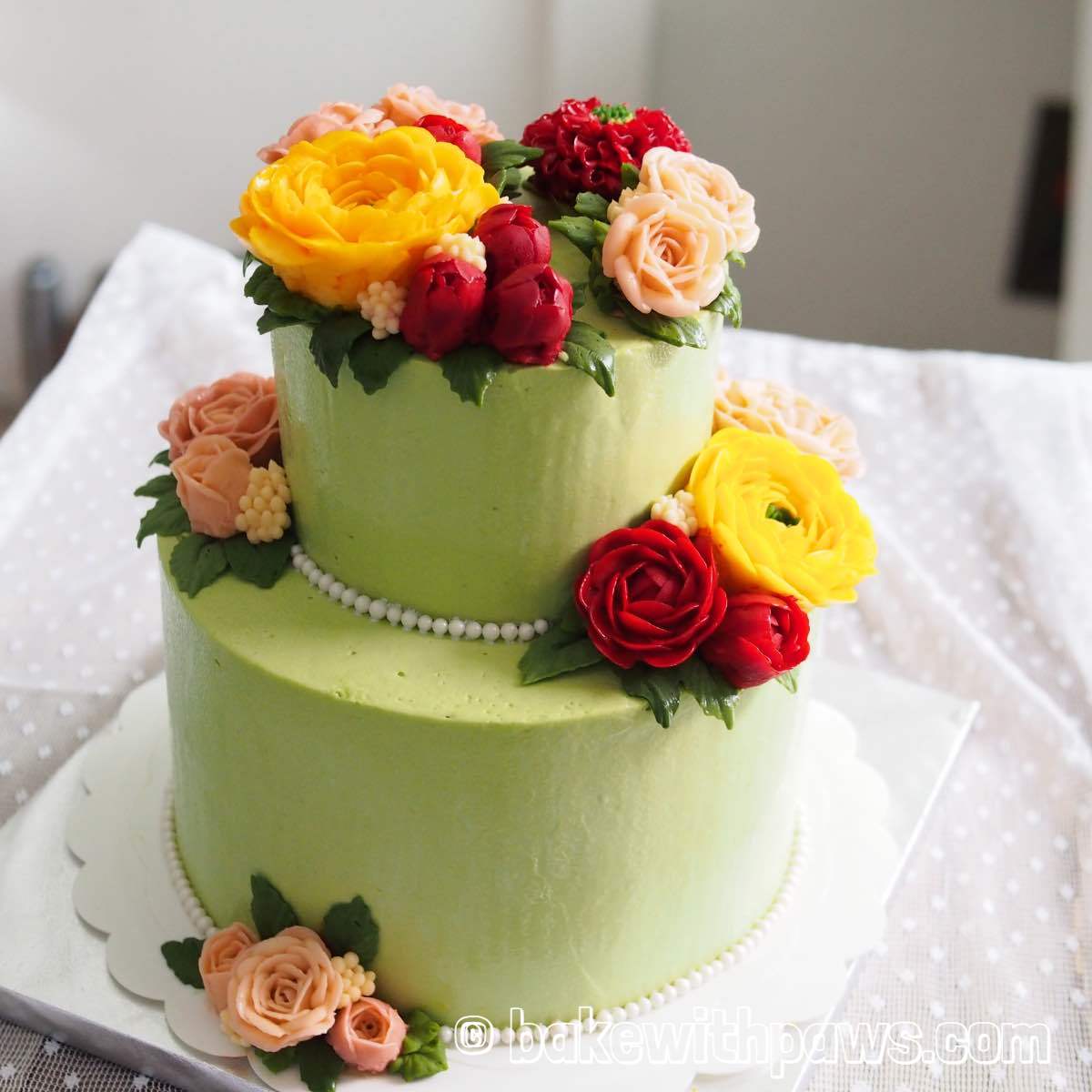 Korean Style Buttercream Flowers Cake 27 BAKE WITH PAWS