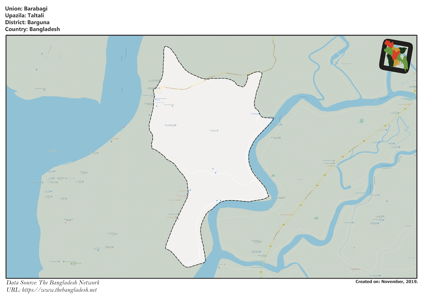 Map of Pancha Koralia of Barguna, Bangladesh.
