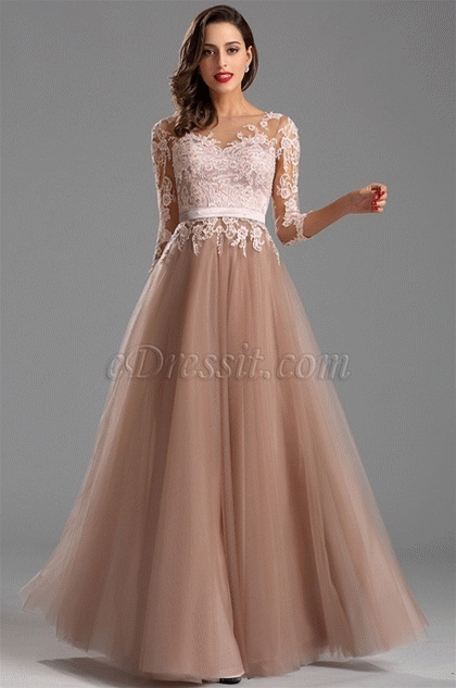 Long Sleeves Illusion Neck Long Formal Dress A-line
