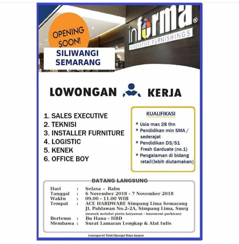 Lowongan kerja di Informa Siliwangi & Semarang 6 posisi tersedia