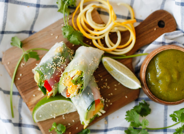 Summer Rice Paper Rolls with Mango Coriander Dip