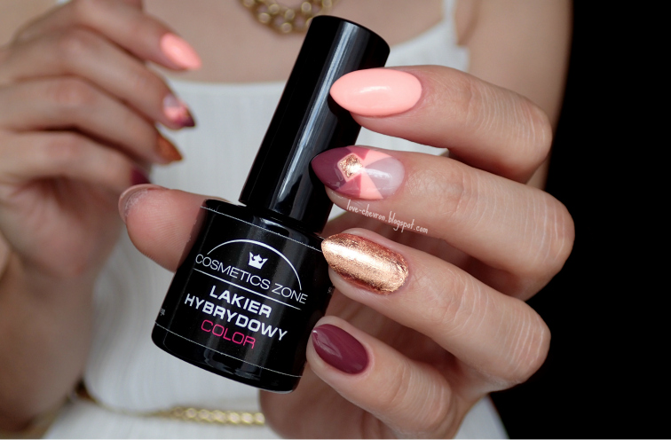 zdobienie na hybrydzie efekt miedzi Cosmetics Zone 017 Bright Eggplant, 014 Indian Roses, PST4 Dusty Pink