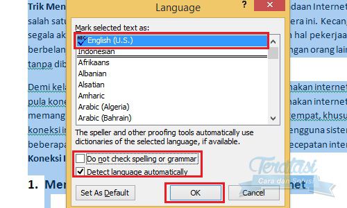 Language Setting Microsoft Word language setting untuk memeriksa kata yang salah ketik di microfost word