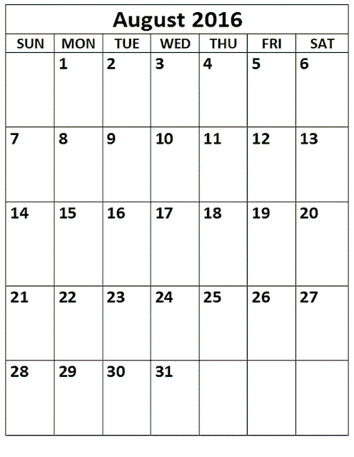 August 2016 Printable Calendar A4, August 2016 Blank Calendar, August 2016 Planner Cute, August 2016 Calendar Download Free
