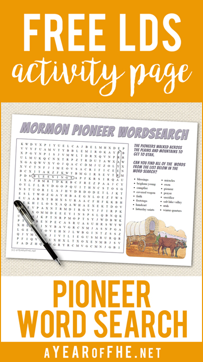 MORMON PIONEER WORD SEARCH // This site is decicating the entire month of July to Pioneers! Activities, recipes, handouts, and Family Home Evenings. This Pioneer Word Search would be great for Sacrament Mtg, Activity Days, or FHE. #lds #pioneers #mormon