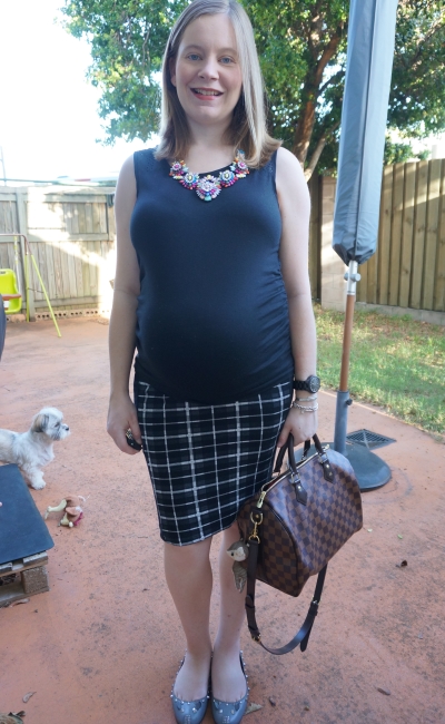 Away From Blue | Third trimester black tank tartan pencil skirt bright statement necklace outfit