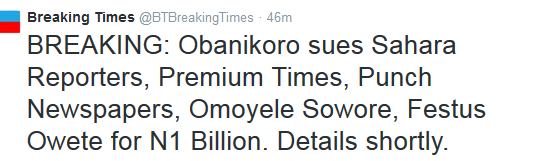 Untitled Billion Naira lawsuit! Obanikoro sues Sahara Reporters, Punch, others...