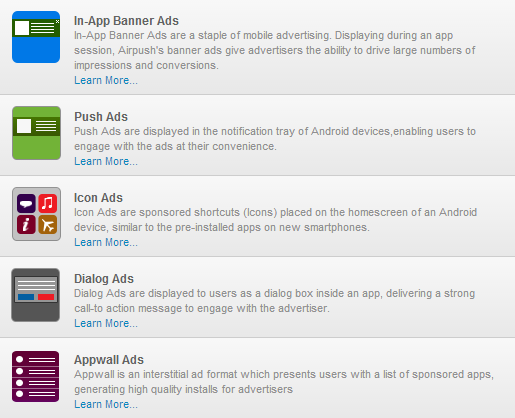 In - App Banner, Push, Icon, Dialog, Appwall Ads