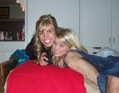 Snapshot of two young blonde women. It appears the arm of one woman is exceedingly hairy and large, but it's actually the knee and calf of a man in shorts whose body is otherwise outside the frame
