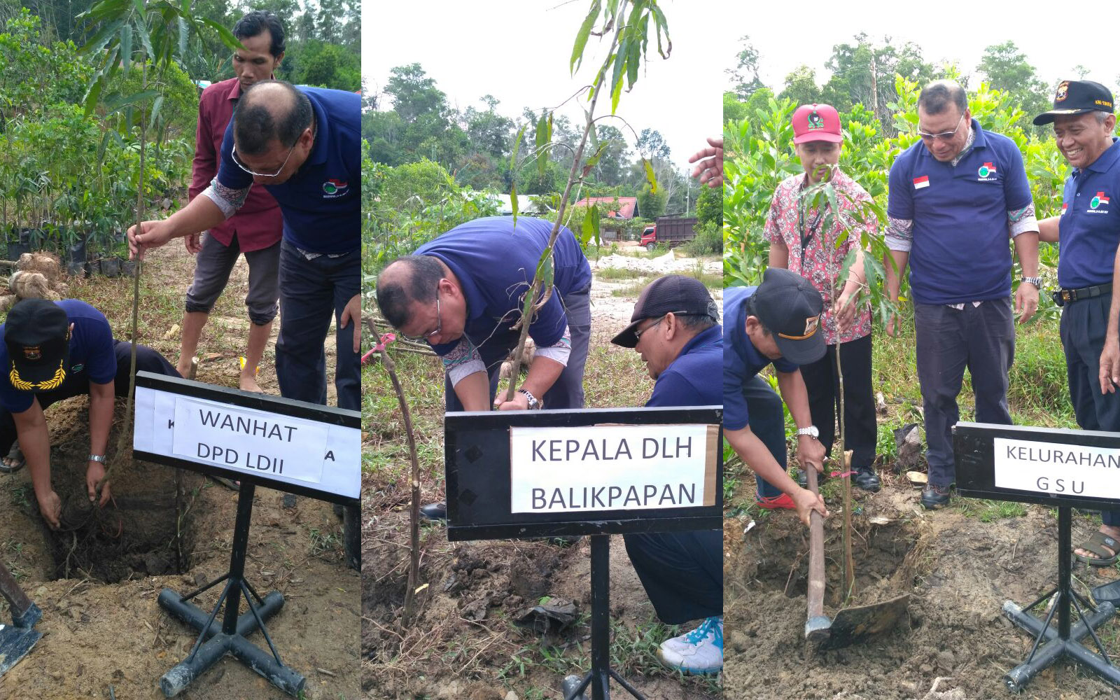 Kepala DLH Balikpapan Suryanto menanam pohon diikuti dewan penasehat dan pengurus DPD LDII Balikpapan, bersama lurah dan RT setempat, sebagai bentuk dan komitmen bersama menjaga lingkungan dan kebersihan sekitar, Jumat (14/7). Foto: Zain LINES