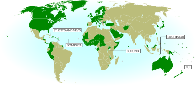 Map of countries that recognize the Republic of Kosovo as an independent state, updated for December 2012 with most recent additions highlighted