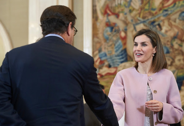 Queen Letizia of Spain attends an audience with the Governing Board of the College of Dentistry and Stomatology of the First Region and the representatives of Human Age Institute Foundation, at the Zarzuela Palace 