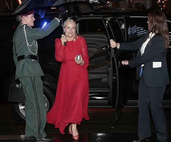 Crown Princess Mette-Marit wore a red color  Velentino Long Gown, dress, Bottega Vaneta Clutch, Acne Lace pumps, shoes, diamond earrings