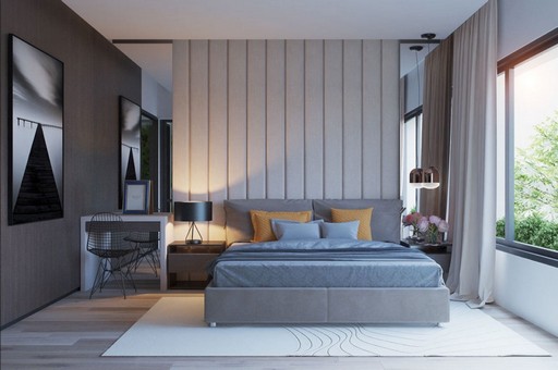 Kleine-schlafzimmer-grau-modern-Design-mit-Feature-gepolsterte-beige-Wand-inklusive-gemütliche-einrichtung-1024x680