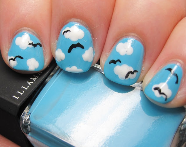 Illamasqua Serenity sky with Sally Hansen White Tip clouds and OPI Seagulls