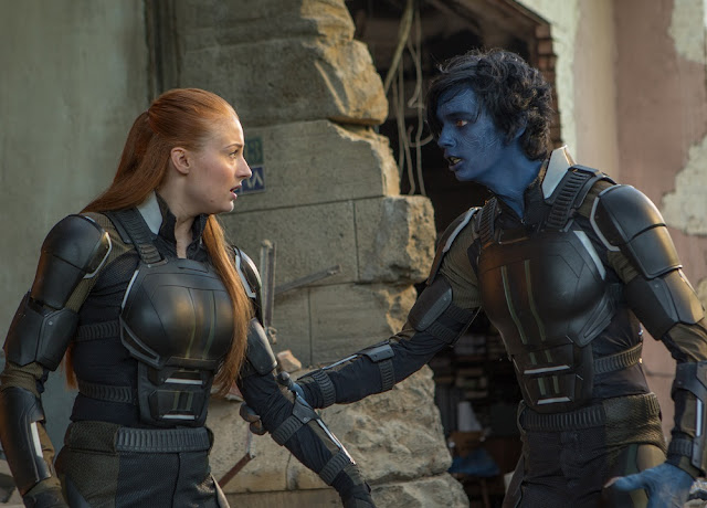 Characters Jean Grey (Sophie Turner) and Nightcrawler (Kodi Smit-McPhee) play significant roles in this story. jean grey nightcrawler x-men apocalypse still