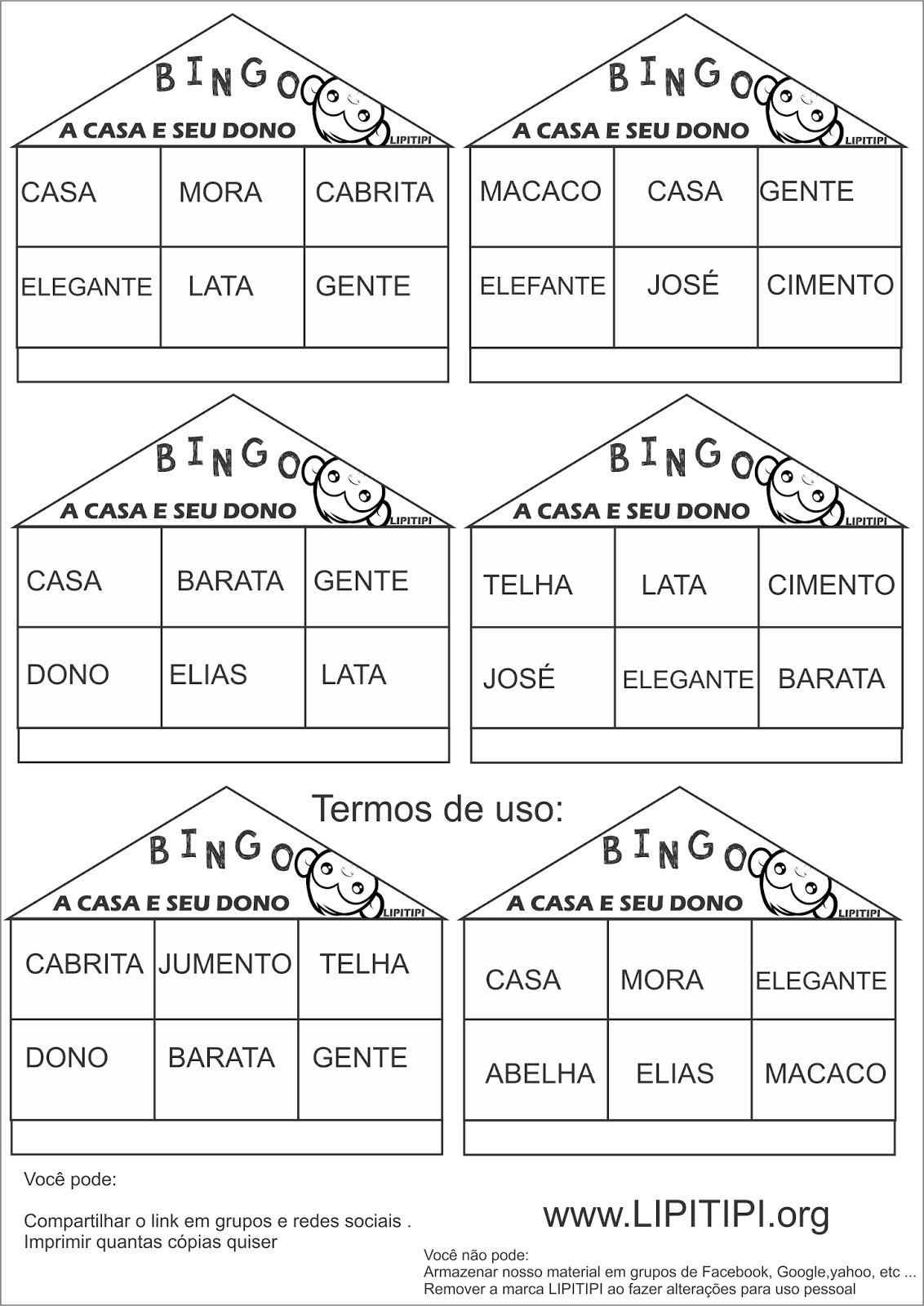  Cartelas Bingo de Palavras A Casa e seu Dono para imprimir Grátis