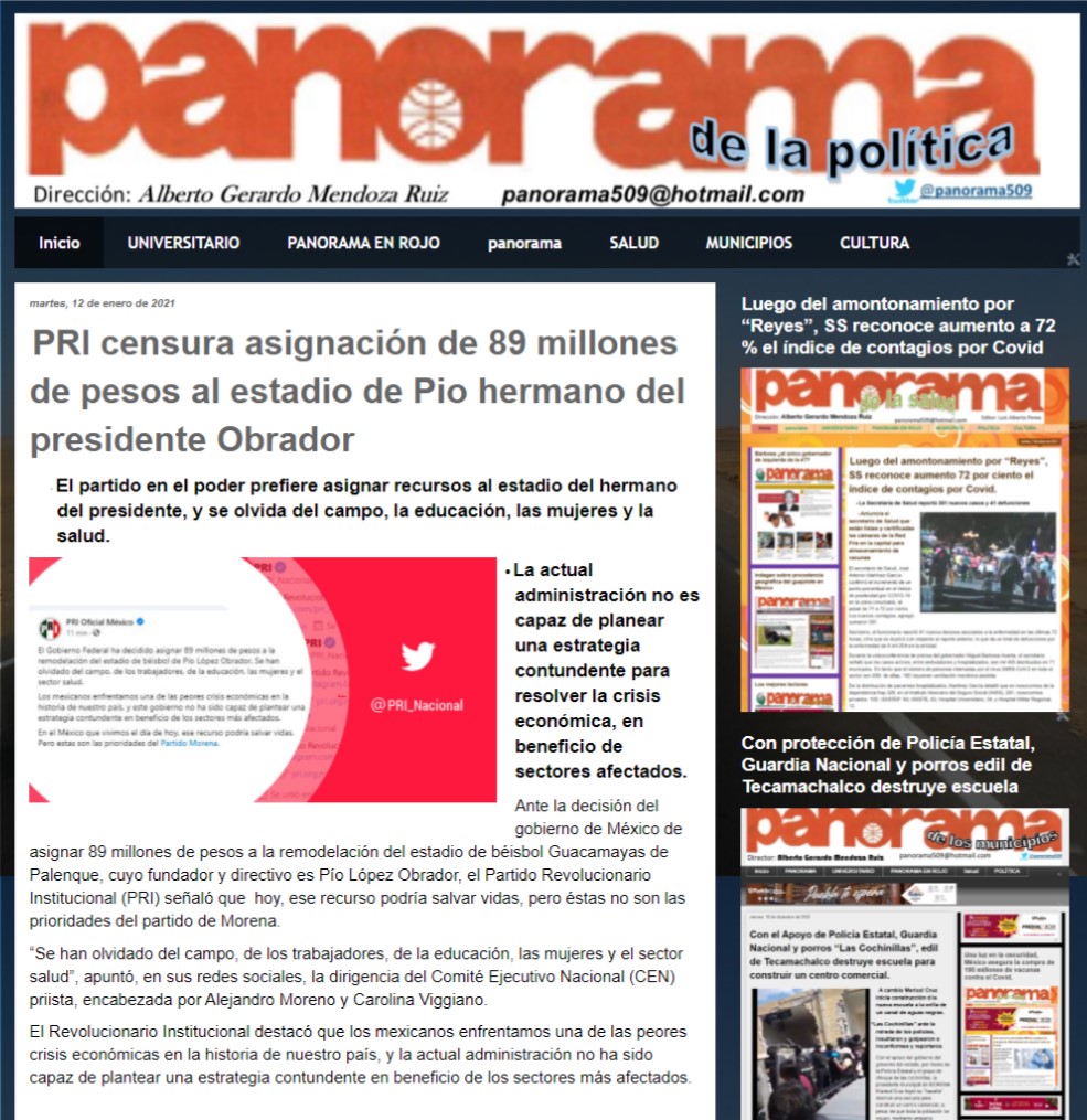 PRI censura asignación de 89 millones de pesos al estadio de Pio hermano del presidente Obrador