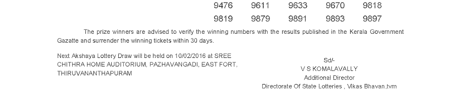 AKSHAYA Lottery AK 227 Result 03-02-2016