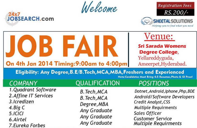 Job Fair For Fresher’s for BE/BTech/MBA/MCA/Any Graduates, 04th January