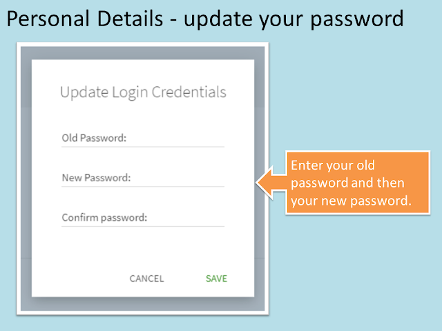 Password update box - you must enter your current (old) password and then your new password