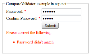 CompareValidator validation control example in asp.net