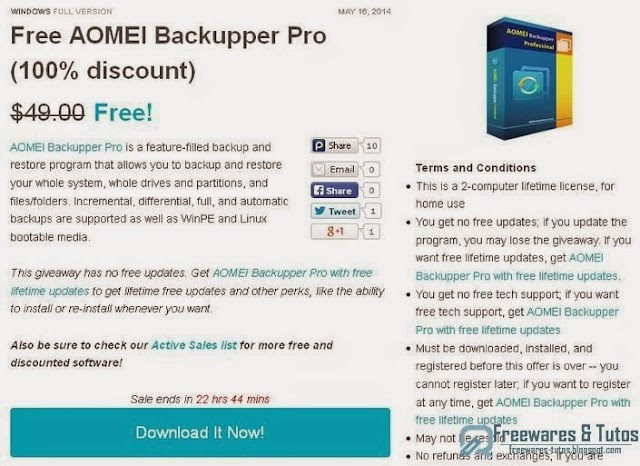 Offre promotionnelle :  AOMEI Backupper Pro gratuit (pendant 24 heures) !