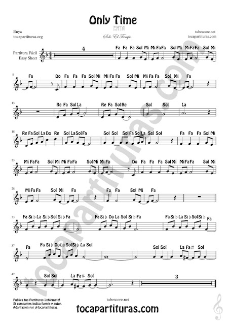 tubescore  Only Time Easy Notes Sheet Music by Enya Ballad Music Score for beginners (Spanish notes)