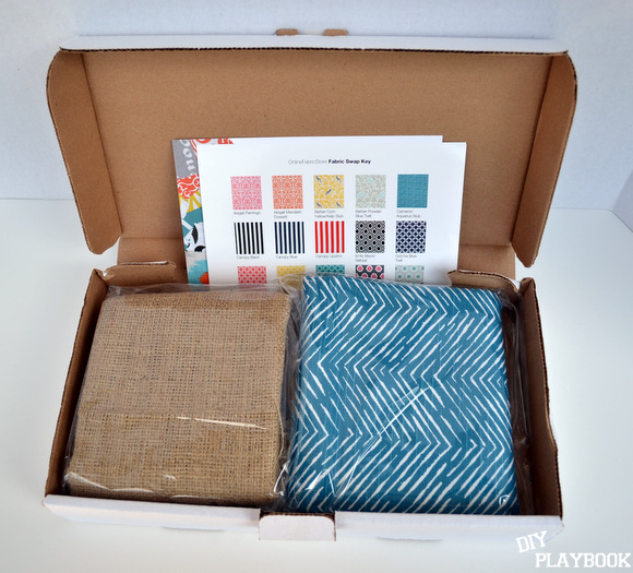 Burlap and blue fabric samples in our goodie bags