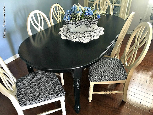 Vintage, Paint and more... upcycle of a dining room tabel and chairs with black chalk paint and fabric