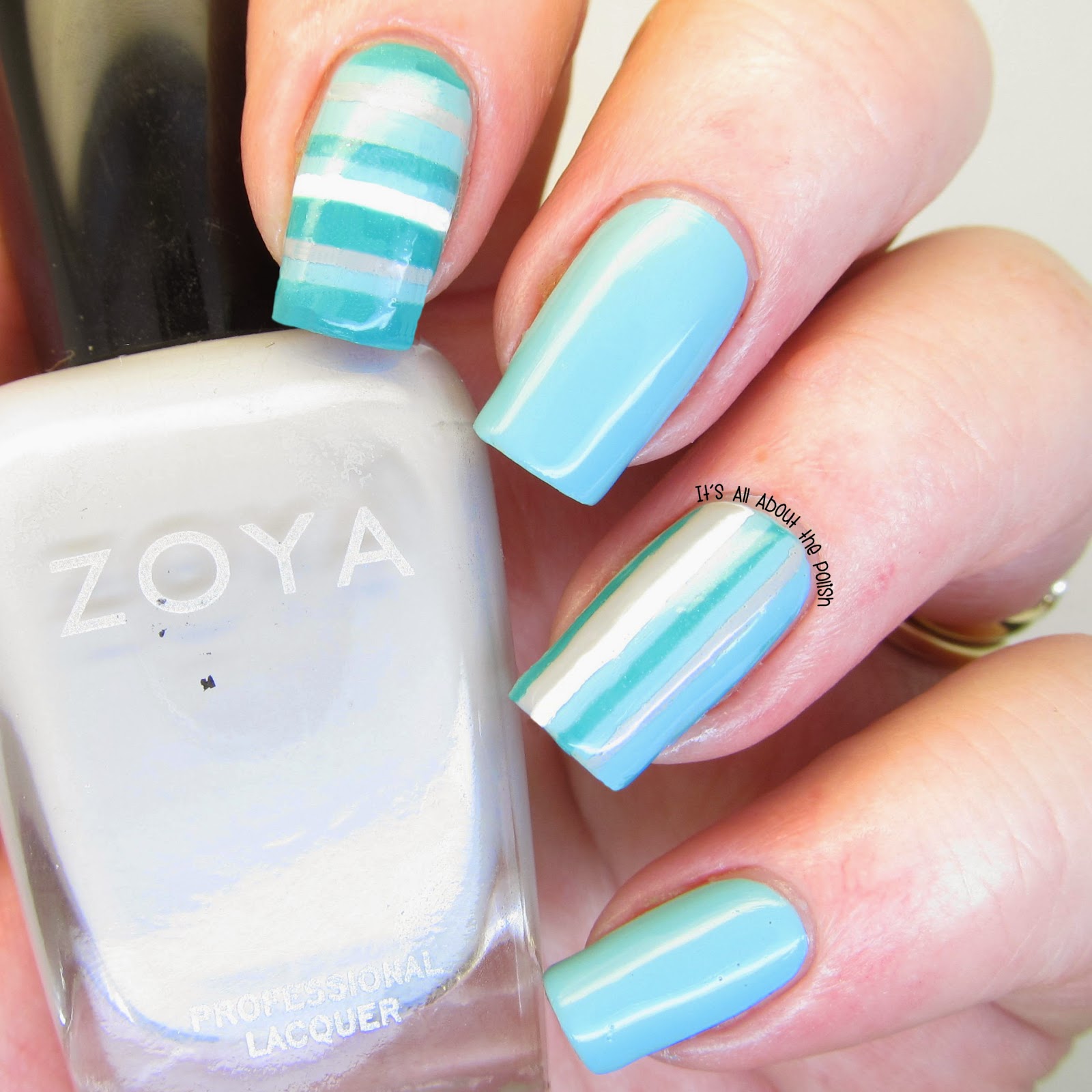It's all about the polish: NOTD Green, white and grey stripe nail design.