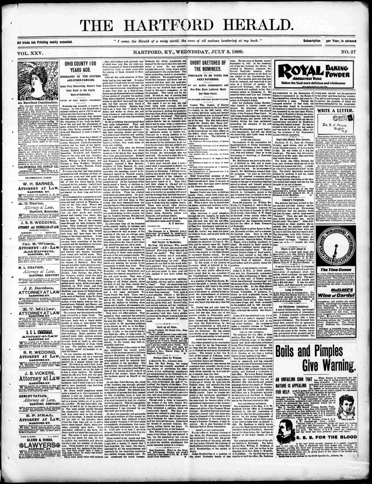 Ohio County, Kentucky History Hartford Herald 5 Jul 1899