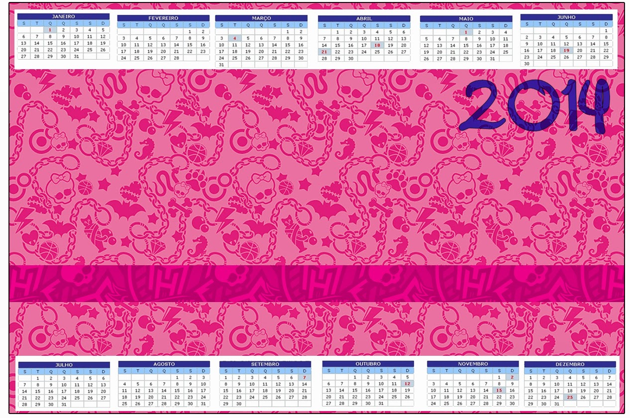 Pink Monster High: Free Party Printables. Monster High in Pink 2014 Free Printable Calender.