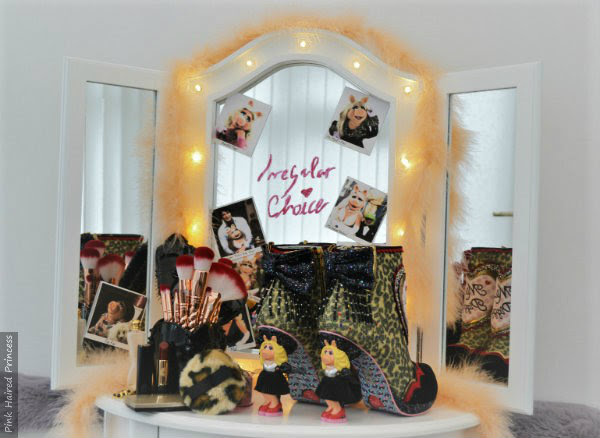 Irregular Choice Disney Muppets Fierce Piggy boots dressing room table with mirror and lights and Irregular Choice Disney Muppets leopard print boots