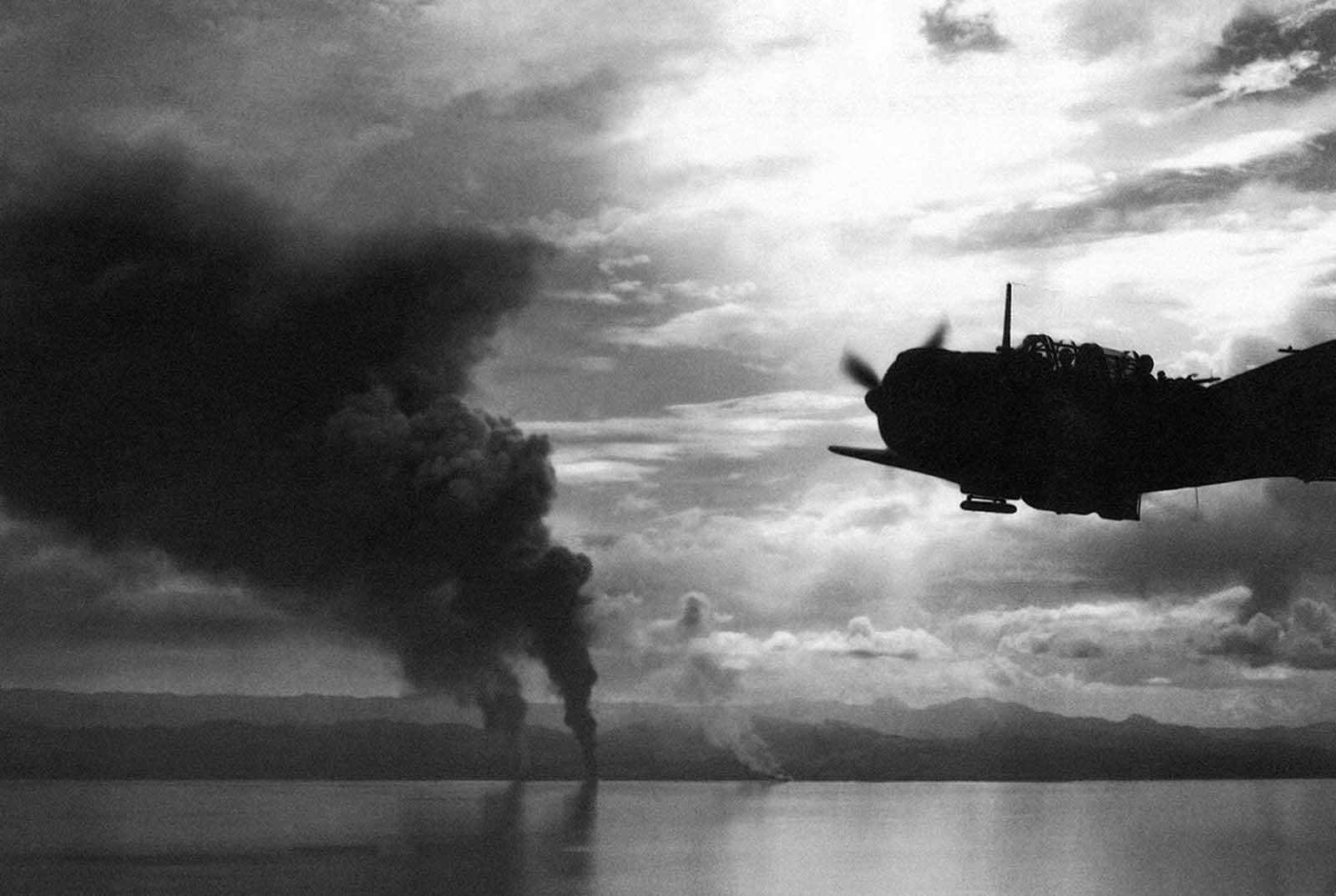 Four Japanese transports, hit by both U.S. surface vessels and aircraft, beached and burning at Tassafaronga, west of positions on Guadalcanal, on November 16, 1942. They were part of the huge force of auxiliary and combat vessels the enemy attempted to bring down from the north on November 13th and 14th. Only these four reached Guadalcanal. They were completely destroyed by aircraft, artillery and surface vessel guns.