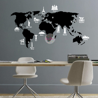vinilo decorativo mapamundi planisferio monumentos ciudades pared