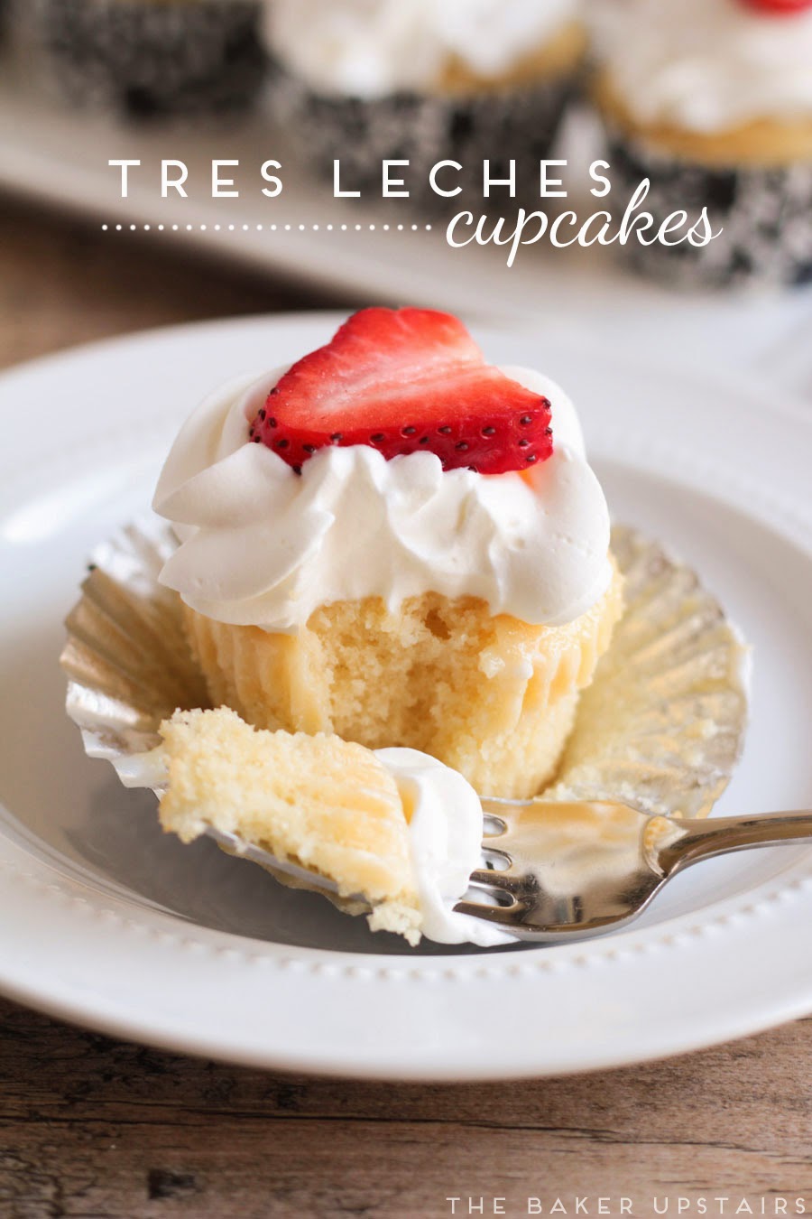 These tres leches cupcakes are so moist and flavorful, topped with lightly sweetened whipped cream and fresh strawberries. So, so good!