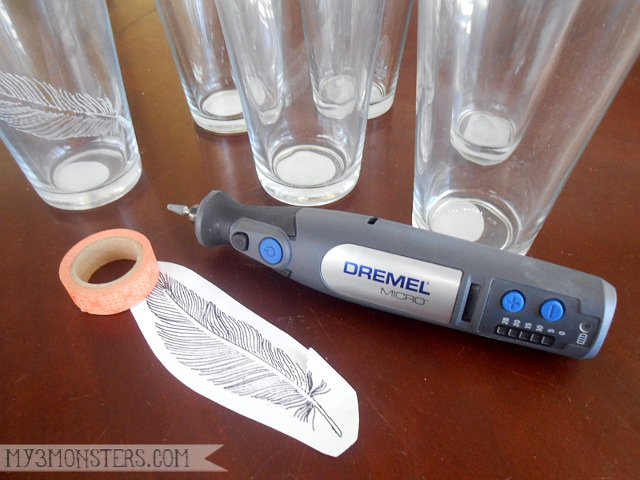 DIY etched feather drinking glasses at /